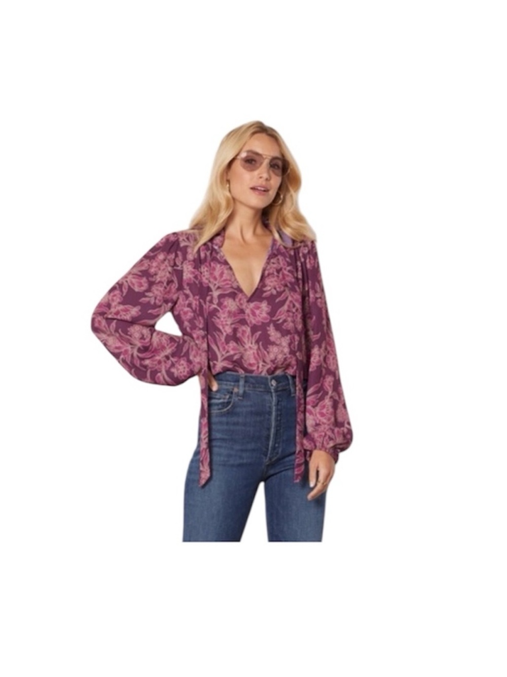 Evereve Mindie Plum Floral Tie-Neck Blouse